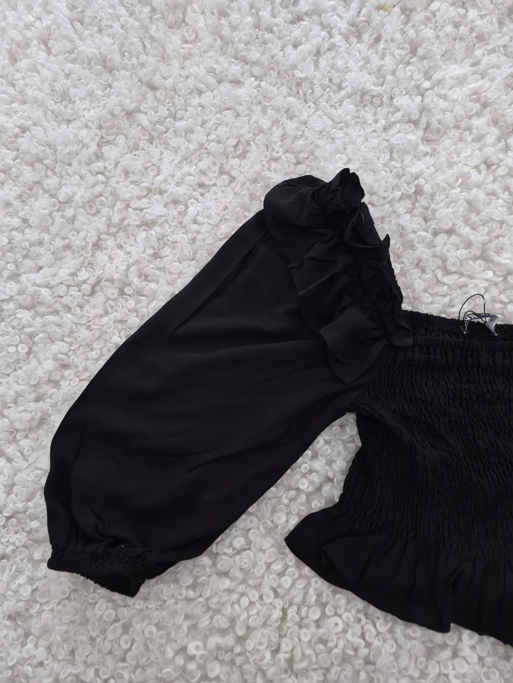 BNWT Zara Smocked Ruffled Puff Sleeve Crop Black Top S Cottagecore Boho Romantic - Picture 9 of 14